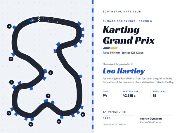 Steel Blue Starry Karting Grand Prix Certificate template, A4 landscape, in steel blue