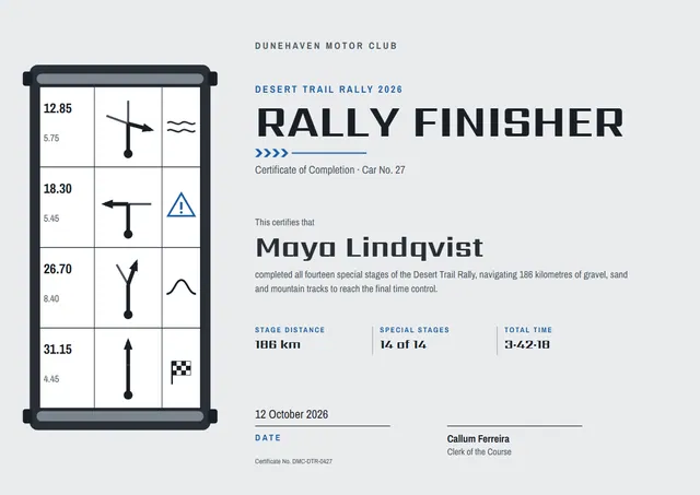 Black Starry Rally Finisher Certificate template, A4 landscape, in black