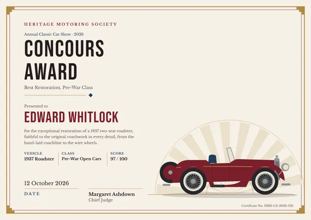 Copper Sunburst Classic Car Show Award template, A4 landscape, in copper