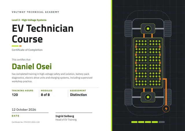 Olive Bordered EV Technician Course Certificate template, A4 landscape, in olive