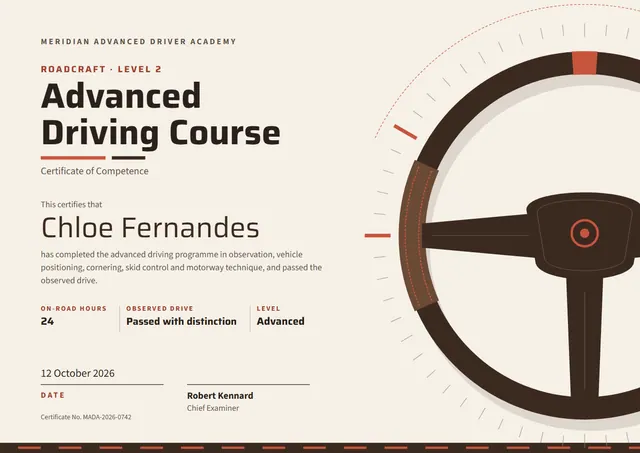 Chocolate Wave Advanced Driving Course Certificate template, A4 landscape, in chocolate