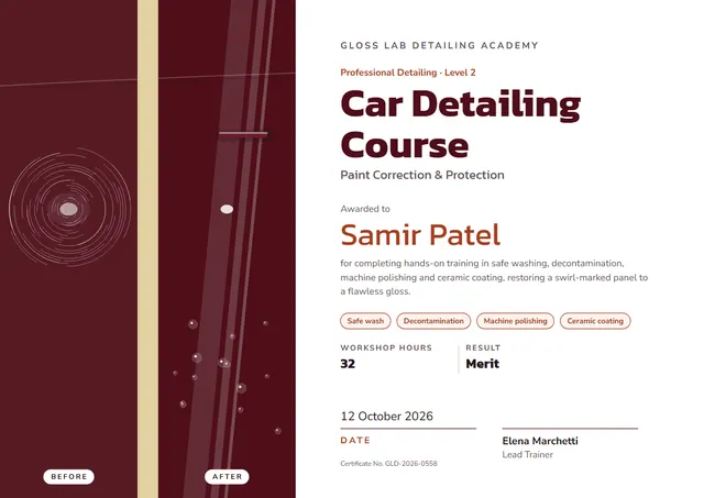 Burgundy Wave Car Detailing Course Certificate template, A4 landscape, in burgundy