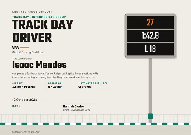Teal Bordered Track Day Driver Certificate template, A4 landscape, in teal