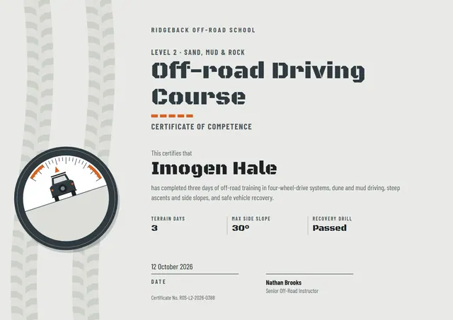 Charcoal Gear Off-road Driving Course Certificate template, A4 landscape, in charcoal grey