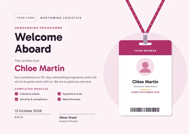 Fuchsia Badge Onboarding Completion Certificate template, A4 landscape, in fuchsia