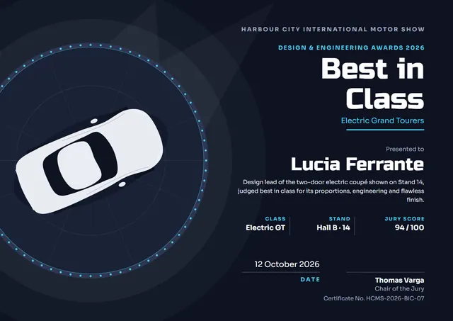 Midnight Wave Motor Show Best in Class Award template, A4 landscape, in midnight blue