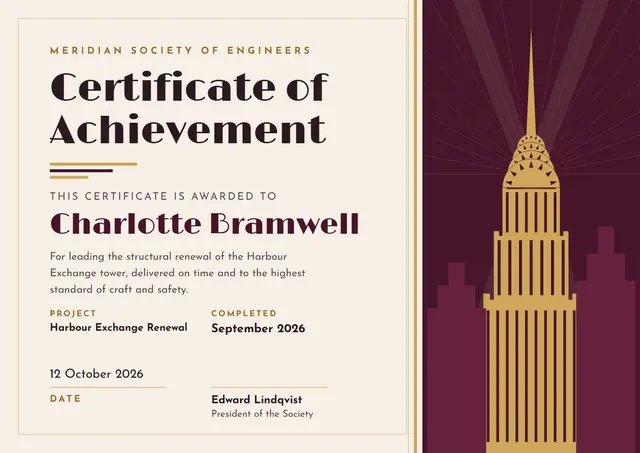 Burgundy Crown Certificate of Achievement template, A4 landscape, in burgundy