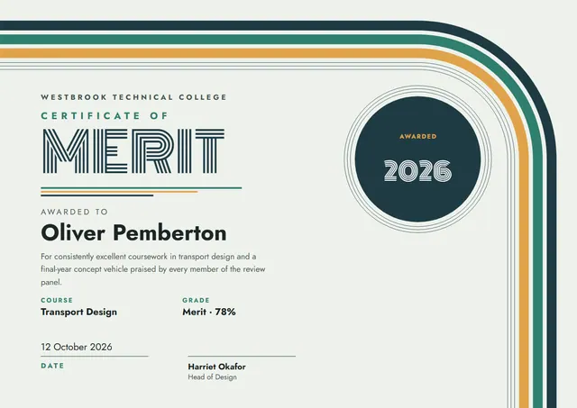Navy Medal Certificate of Merit template, A4 landscape, in navy