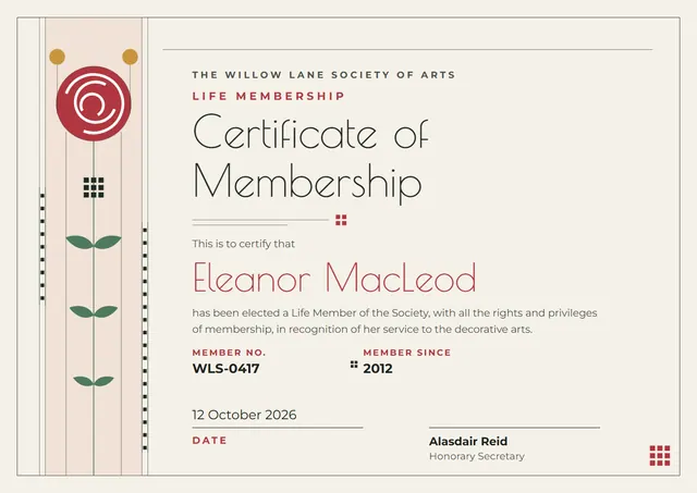 Raspberry Leafy Certificate of Membership template, A4 landscape, in raspberry