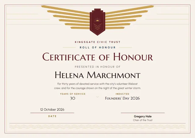Burgundy Sunburst Certificate of Honour template, A4 landscape, in burgundy