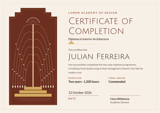 Chocolate Sunburst Certificate of Completion template, A4 landscape, in chocolate