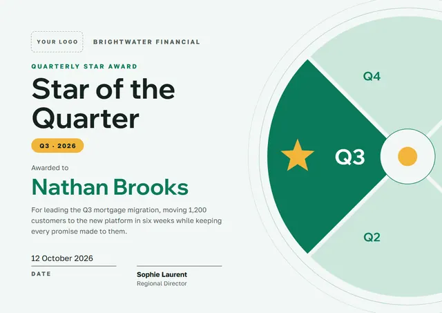 Teal Starry Quarterly Star Award template, A4 landscape, in teal