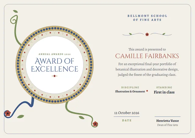 Steel Blue Leafy Certificate of Excellence template, A4 landscape, in steel blue