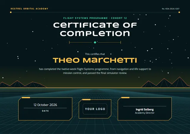 Black Starry Certificate of Completion template, A4 landscape, in black