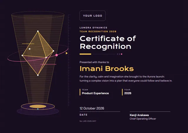 Black Orbit Certificate of Recognition template, A4 landscape, in black