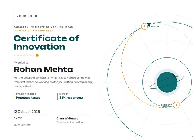 Teal Orbit Innovation Certificate template, A4 landscape, in teal