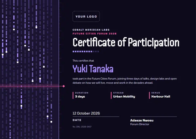 Lavender Futuristic Certificate of Participation template, A4 landscape, in lavender