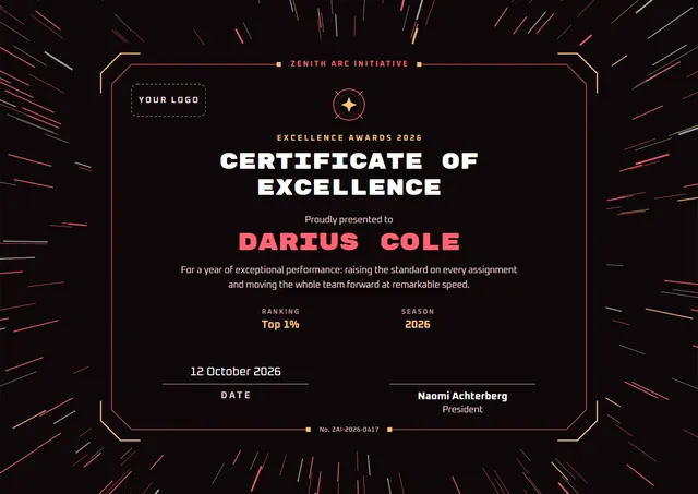 Coral Starry Certificate of Excellence template, A4 landscape, in coral