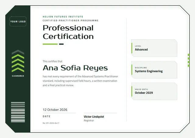 Forest Green Geometric Professional Certificate template, A4 landscape, in forest green