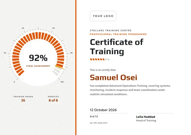 Orange Geometric Training Certificate template, A4 landscape, in orange