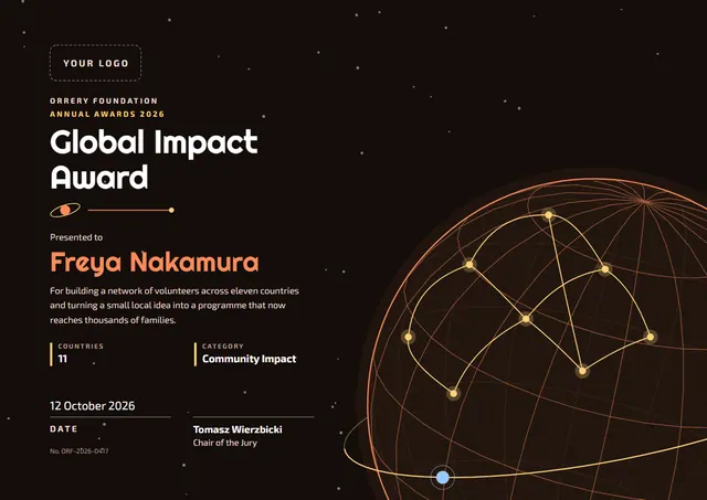Chocolate Orbit Award Certificate template, A4 landscape, in chocolate