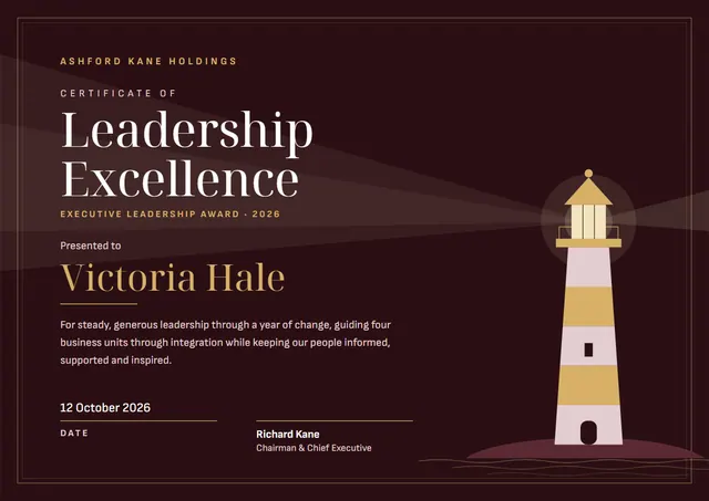Burgundy Wave Leadership Excellence Award template, A4 landscape, in burgundy
