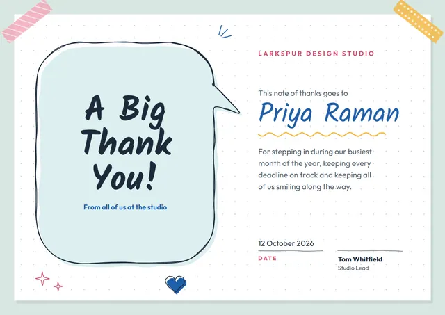Ocean Blue Starry Thank-You Certificate template, A4 landscape, in ocean blue