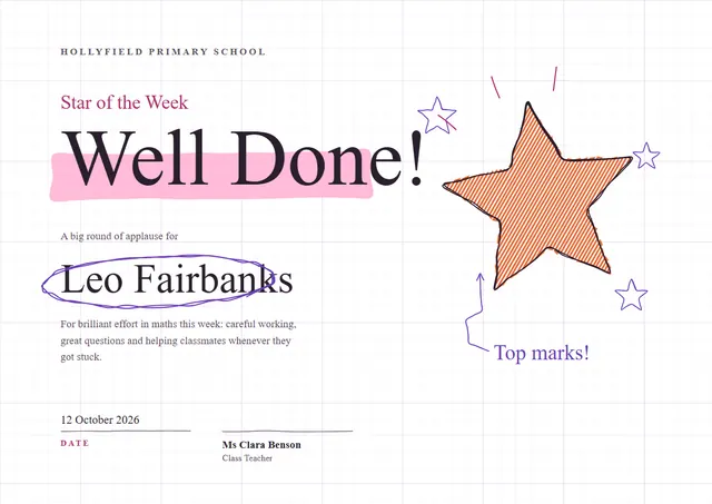 Purple Sunburst Well Done Certificate template, A4 landscape, in purple