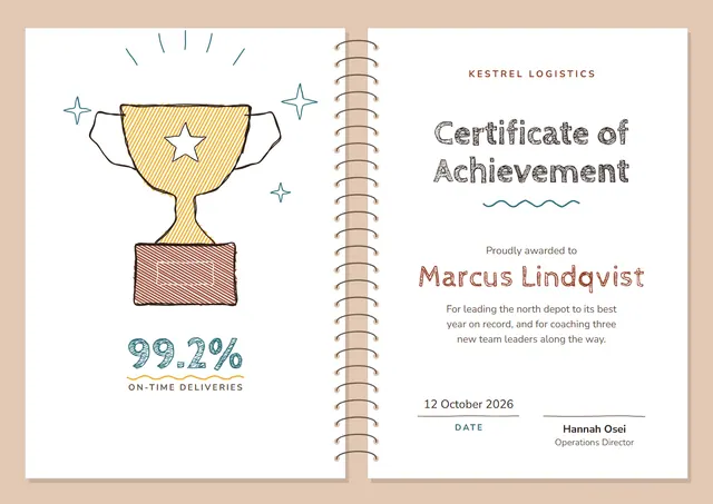 Gold Trophy Certificate of Achievement template, A4 landscape, in gold