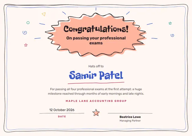 Coral Starry Congratulations Certificate template, A4 landscape, in coral