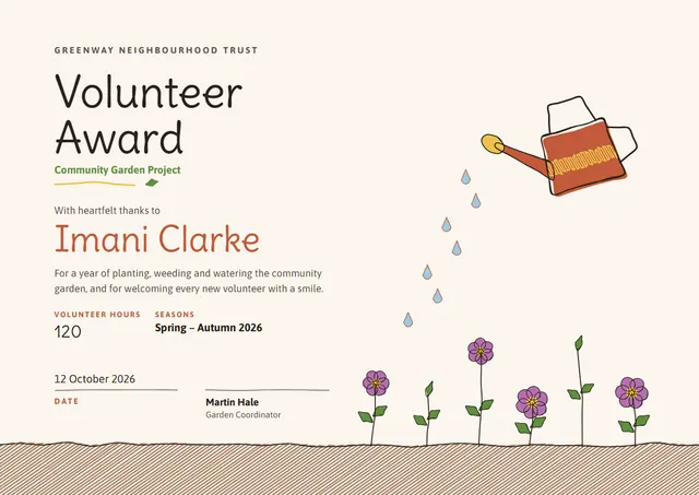 Terracotta Sunburst Volunteer Certificate template, A4 landscape, in terracotta