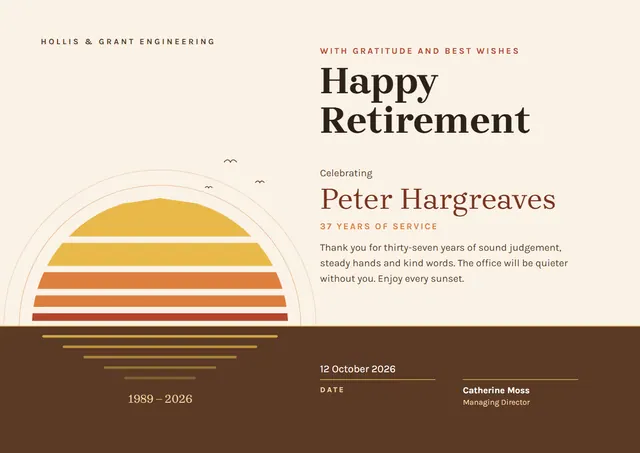 Chocolate Sunburst Retirement Certificate template, A4 landscape, in chocolate