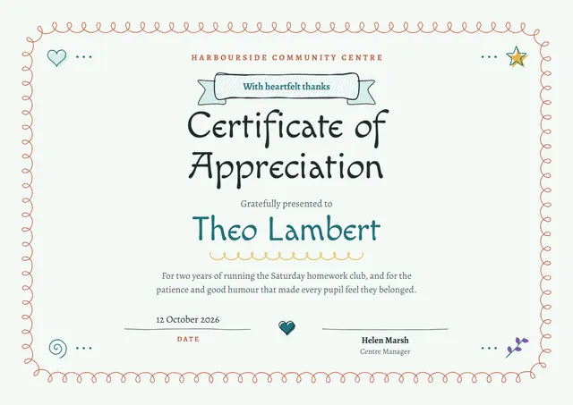 Teal Sunburst Certificate of Appreciation template, A4 landscape, in teal