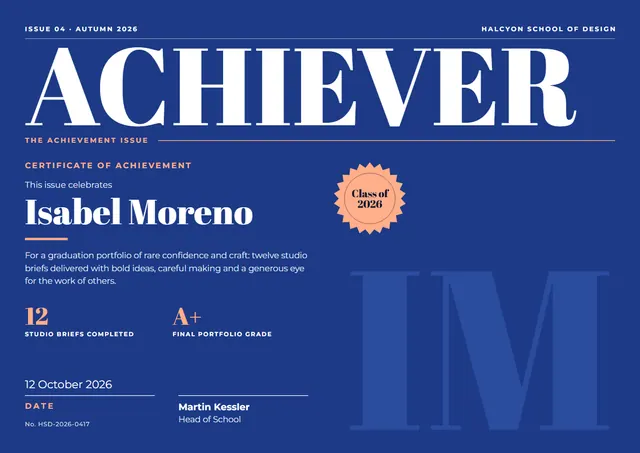 Ocean Blue Typographic Certificate of Achievement template, A4 landscape, in ocean blue