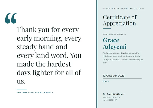 Teal Typographic Certificate of Appreciation template, A4 landscape, in teal