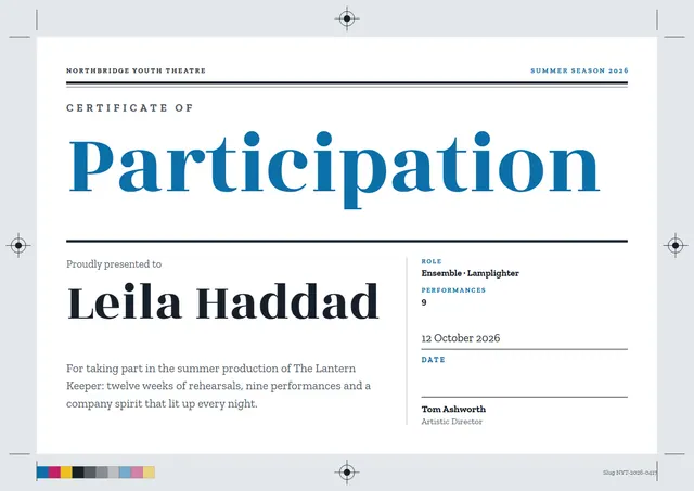 Ocean Blue Banded Certificate of Participation template, A4 landscape, in ocean blue