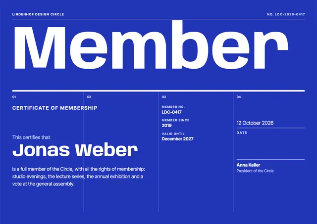 Royal Blue Chart Certificate of Membership template, A4 landscape, in royal blue