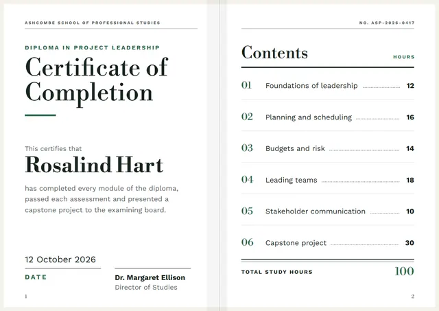 Emerald Typographic Certificate of Completion template, A4 landscape, in emerald