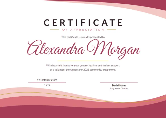 Raspberry Wave Certificate of Appreciation template, A4 landscape, in raspberry