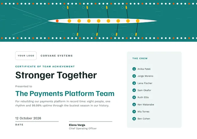 Teal Wave Team Achievement Award template, A4 landscape, in teal