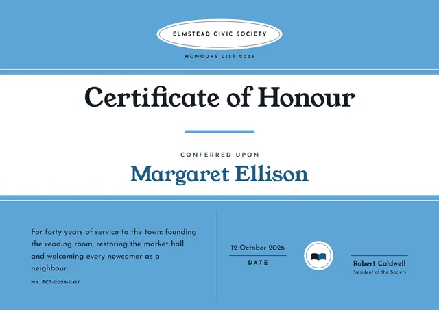 Sky Blue Banded Certificate of Honour template, A4 landscape, in sky blue