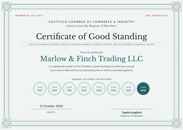Teal Ornate Certificate of Good Standing template, A4 landscape, in teal