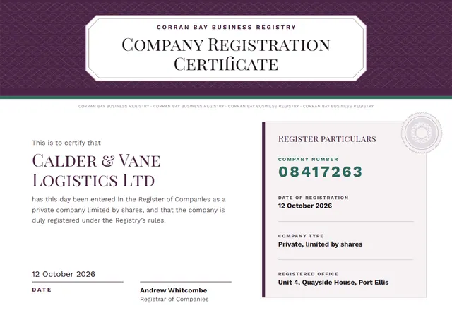 Plum Seal Company Registration Certificate template, A4 landscape, in plum