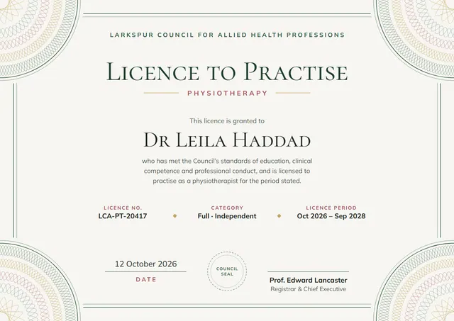 Forest Green Rosette Licence to Practise Certificate template, A4 landscape, in forest green