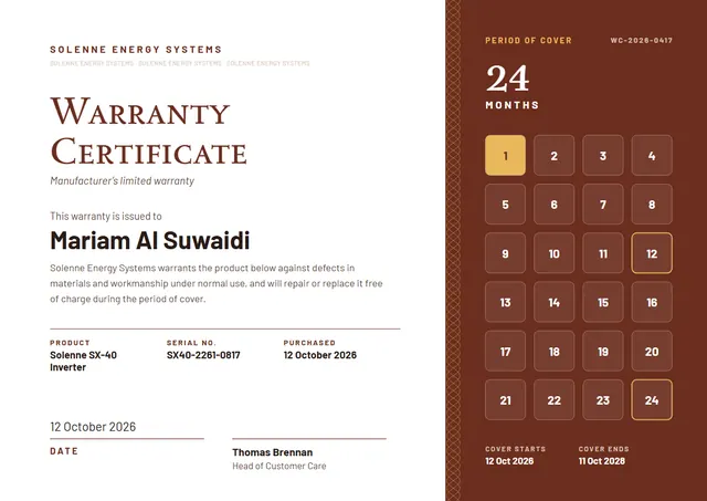 Chocolate Banded Warranty Certificate template, A4 landscape, in chocolate