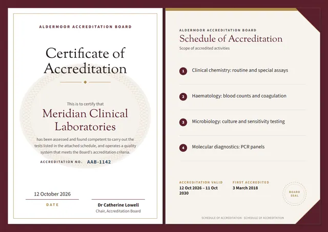 Burgundy Seal Certificate of Accreditation template, A4 landscape, in burgundy