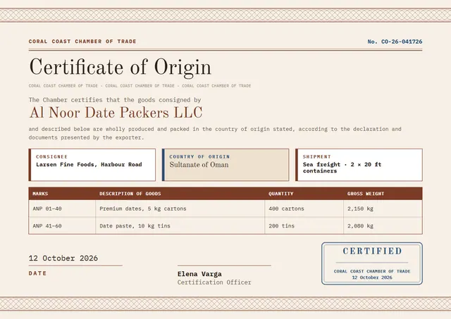 Brick Red Bordered Certificate of Origin template, A4 landscape, in brick red