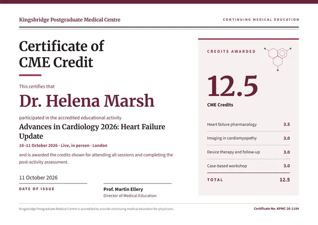 Burgundy Banded CME Credits Certificate template, A4 landscape, in burgundy