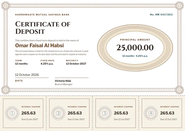 Chocolate Rosette Certificate of Deposit template, A4 landscape, in chocolate