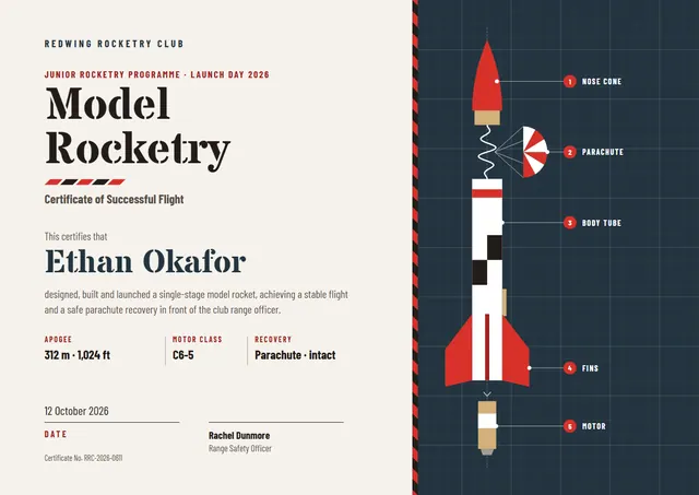 Charcoal Geometric Model Rocketry Certificate template, A4 landscape, in charcoal grey